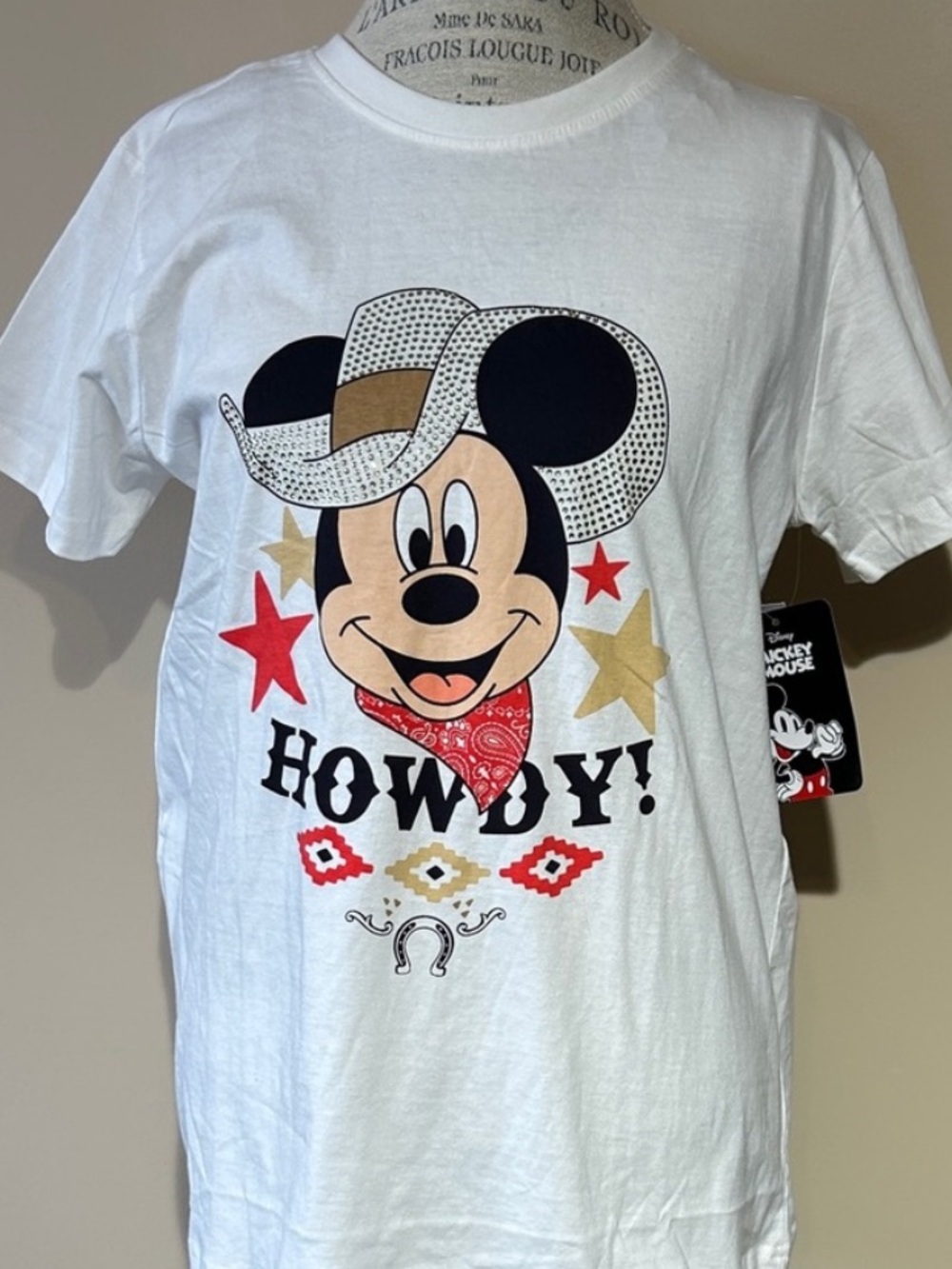 Disney Mickey Mouse T-shirt, Cowboy, Rhinestones, White (Size Large)